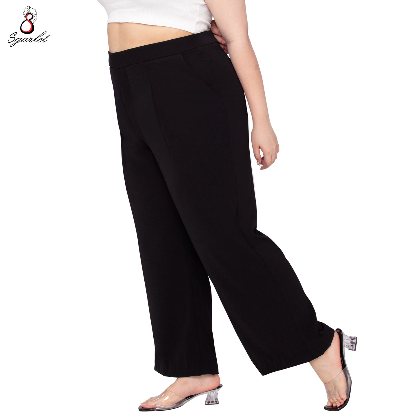 Sgarlet กางเกงขายาวไซส์ใหญ่ทรงขาบาน พรางต้นขา ผ้าไม่ต้องรีด สีดำ/เทา FLW089
