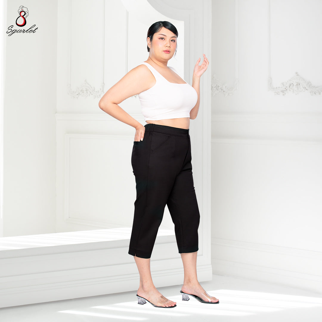 Sgarlet กางเกงขายาวไซส์ใหญ่ทรงสอบสลิม เอวยางยืด เหนือตาตุ่ม สีดำ/น้ำเงินเข้ม FLW095